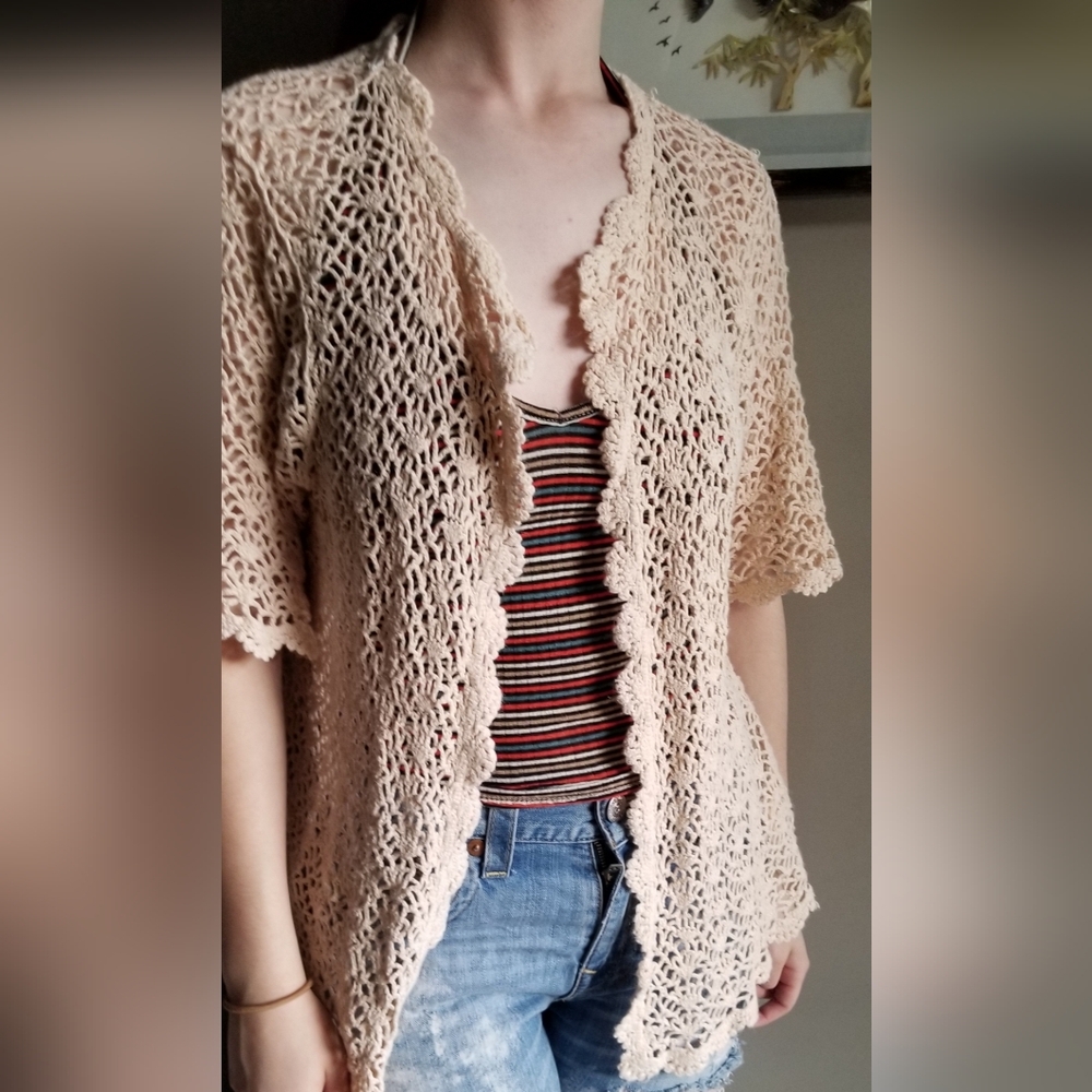 Cream Crochet Open-Front Women's Sweater Cardigan Boho